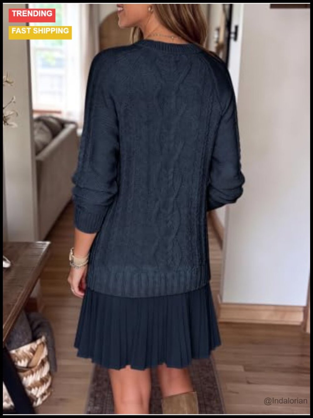 Cable Knit Sweater Dress Pleated Long Sleeve Crewneck Mini Preppy Fall Chunky - Picture 5 of 6
